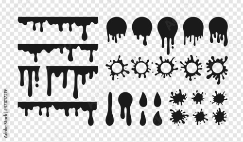 Vector Paint blob set. Black liquid splash, round ink splatter, dripping paint collection. Paint flows circle stickers, abstract stains badges and drops design elements on transparent background