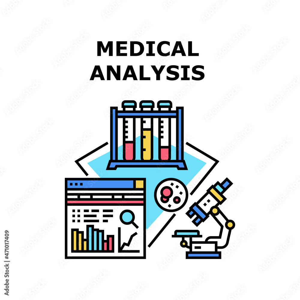 Medical Analysis Vector Icon Concept. Medical Analysis Researching In Laboratory. Microscope Lab Equipment For Analyzing Patient Blood, Digital Researchment. Glass Flasks Containers Color Illustration
