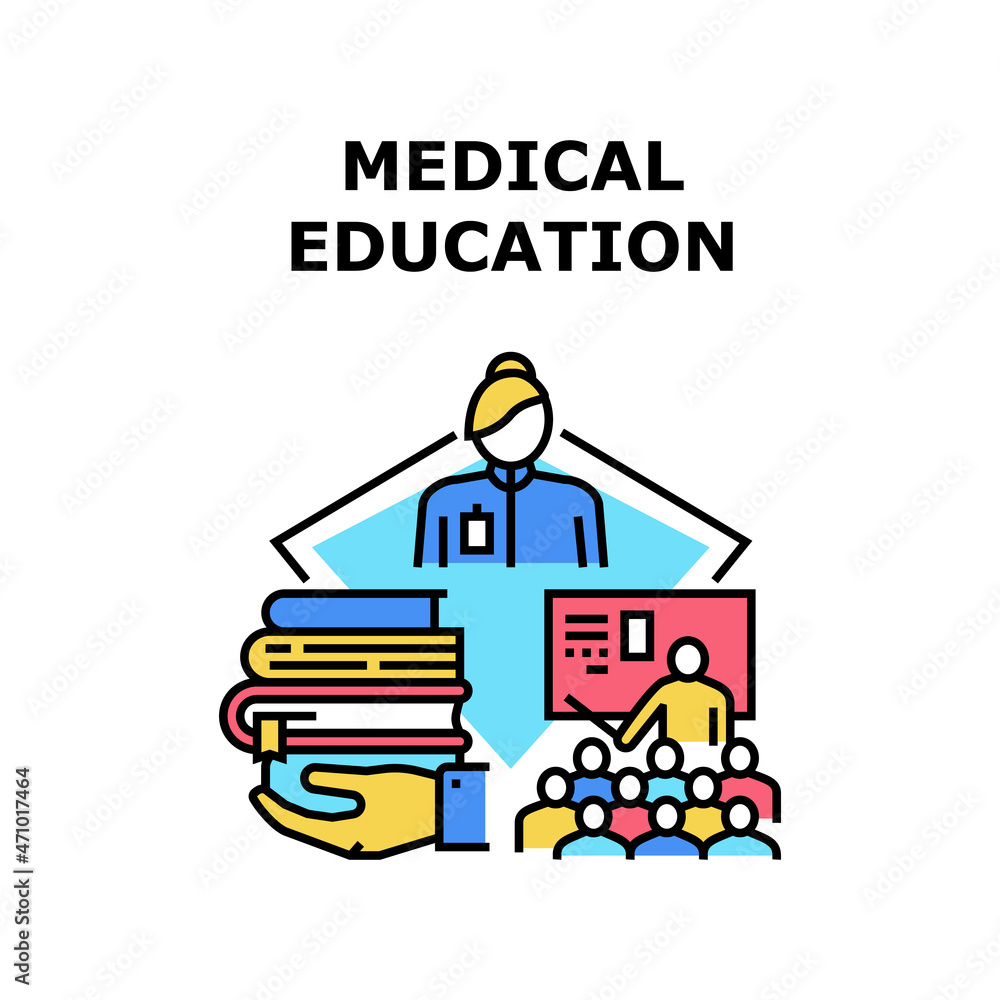 Medicine Education Vector Icon Concept. Medicine Education Literature Reading Student And Studying On Medical Lecture And Seminar. University And College Educational Lesson Color Illustration