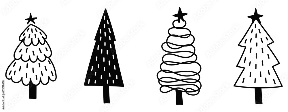 Set doodle trees. Silhouettes, contours, outline. Holiday, new year, christmas. Isolated on white background. 