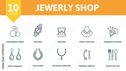 Jewerly Shop icon set. Collection of simple elements such as the engagement rings, watches, ring box, pearl necklace, piercing jewelery, gold chain, silver cutlery.