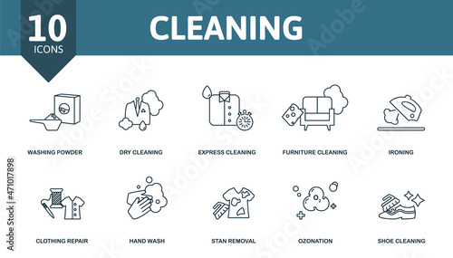 Cleaning icon set. Collection of simple elements such as the washing powder, dry cleaning, express cleaning, furniture, ozonation, hand wash, shoe cleaning.