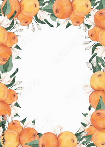 Watercolor orange fruit frame with greenery on white background 