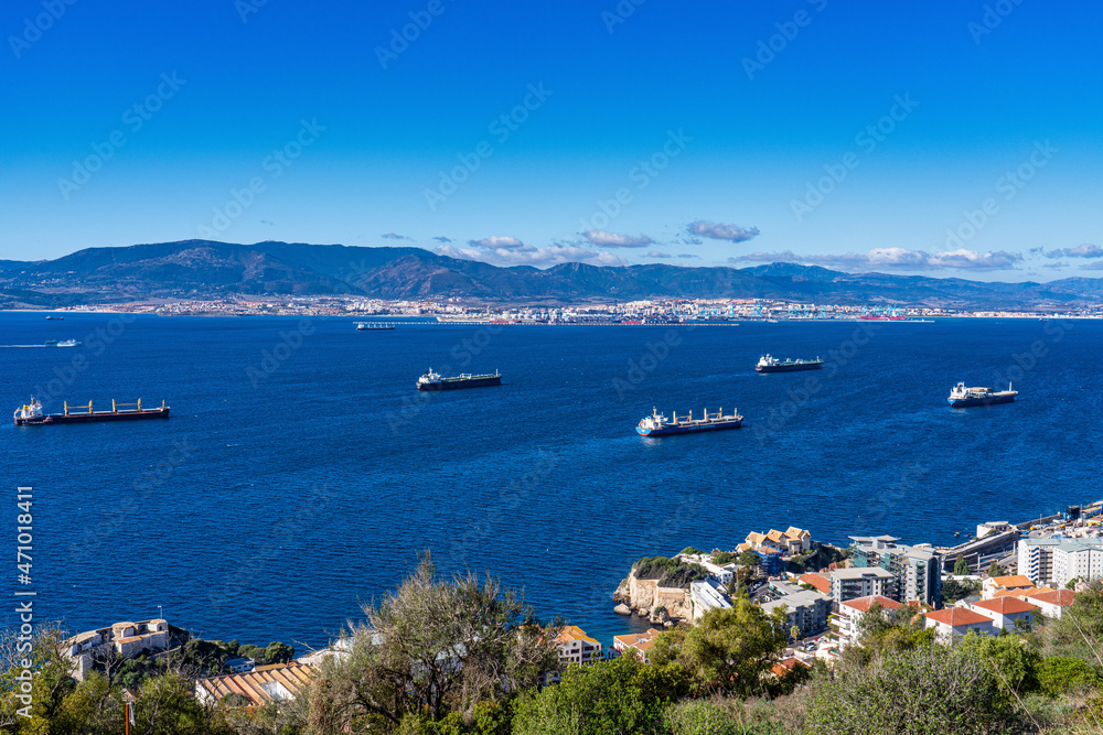 Panoramic view of the port of Gibraltar and the bay of Algeciras full of boats