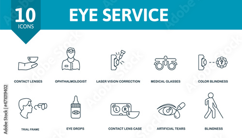 Eye Service icon set. Collection of simple elements such as the contact lenses, ophthalmologist, laser vision correction, medical glasses, artificial tears, eye drops, blindness.