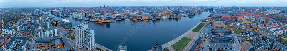 Drone panorama over Copenhagen harbor during daytime