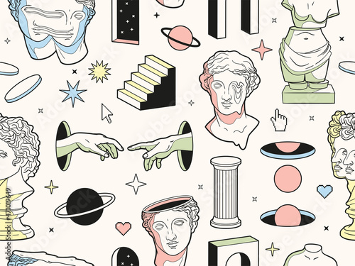 Greek ancient statues and surreal elements in trendy psychedelic weird style. Seamless vector pattern.