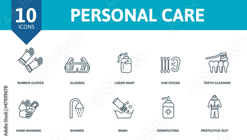 Personal Care icon set. Collection of simple elements such as the rubber gloves, glasses, liquid soap, ear sticks, disinfecting gel, shower, protective suit.
