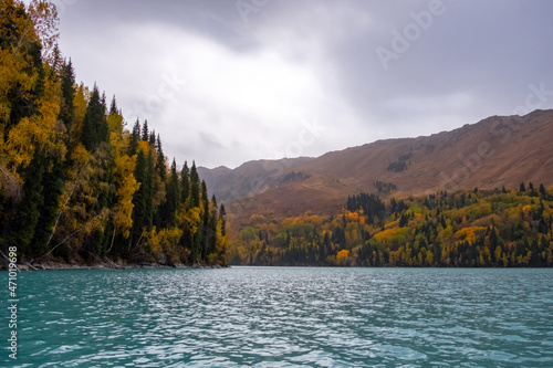 Zhasylkol lake in Dzungarian Alatau, Kazakhstan. Tourism, travel concept.