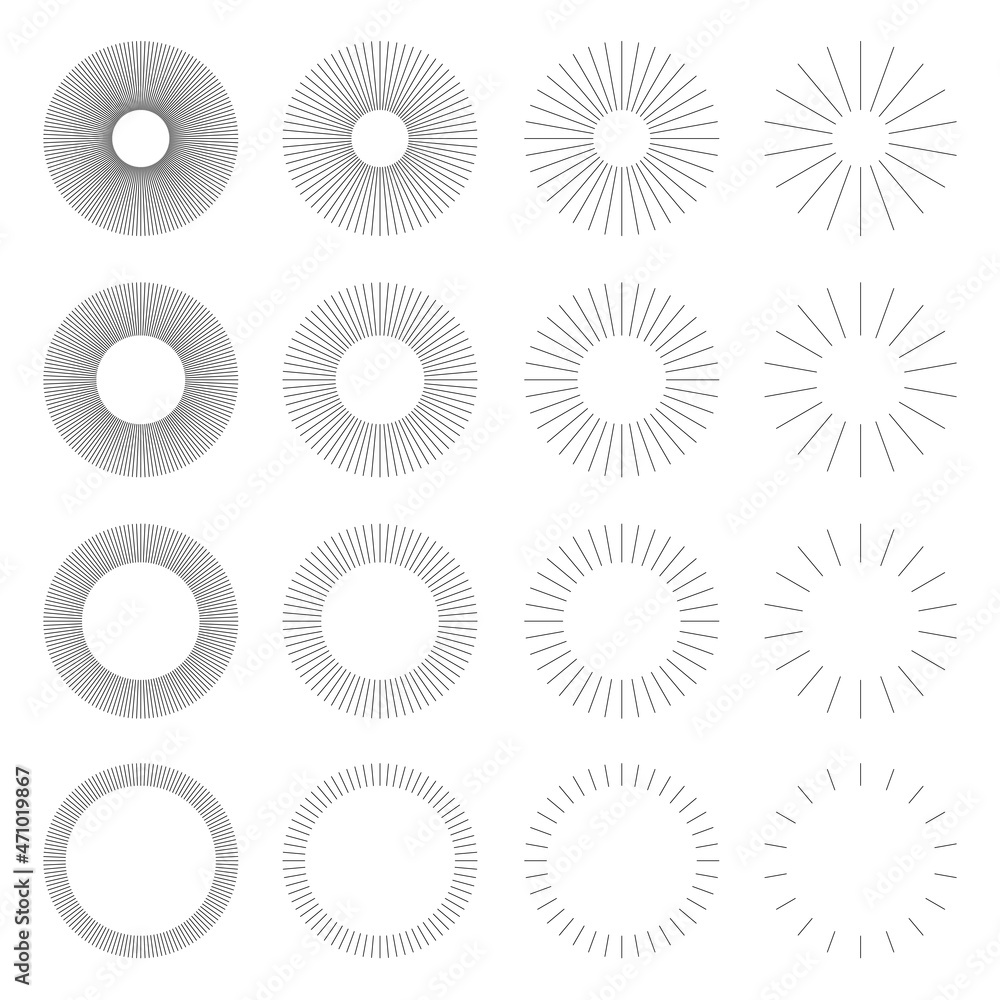 Set of Vintage Circle Sunbursts in Different Shapes. Trendy Hand Drawn Round Retro Bursting Rays Design Element. Hipster Vector illustrations