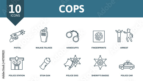 Cops icon set. Collection of simple elements such as the pistol, walkie-talkies, handcuffs, fingerprints, sheriff's badge, stun gun, police car.