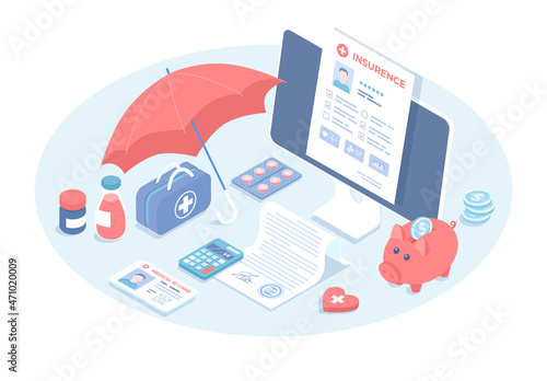 Health insurance protection. Healthcare policy concept. Filling medical document form contract. Vector illustration in 3d design. Isometric web banner.