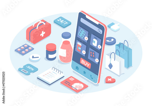 Healthcare online pharmacy application. Online app for ordering medicines. Medical supplies, drug internet shopping. Vector illustration in 3d design. Isometric web banner.