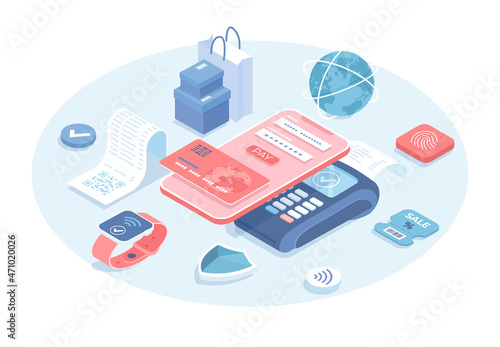 Mobile cashless payment system or scan qr code. Digital banking service application. Contactless payment, EMV. Vector illustration in 3d design. Isometric web banner.
