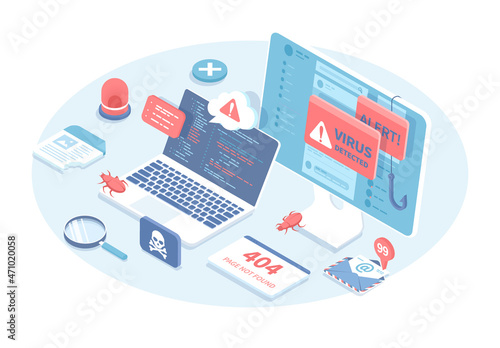 Cyberattack, computer viruses, internet phishing, hacking. Errors detected. Search and find bugs, debugging process. Vector illustration in 3d design. Isometric web banner.