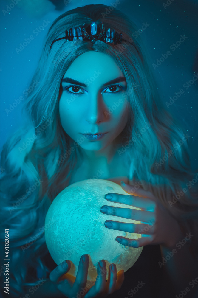 Naklejka premium Woman-moon cosplay closeup. Art photo
