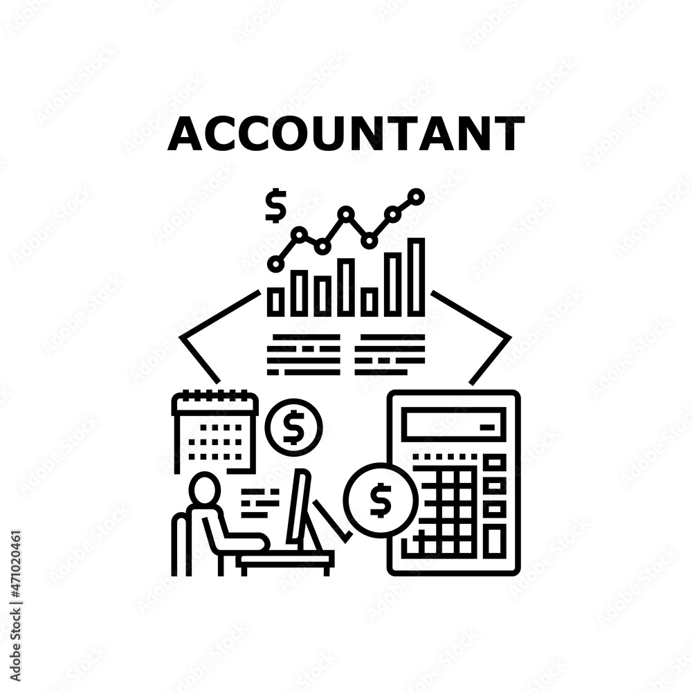 Accountant Job Vector Icon Concept. Accountant Job For Counting Income And Expenses, Prepare Annual Financial Report And Account Company Budget And Capital. Accounting Balance Black Illustration