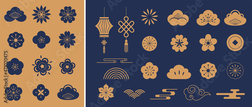 Chinese traditional ornaments, Set of Lunar year decorations, flowers, lanterns, clouds, elements and icons 