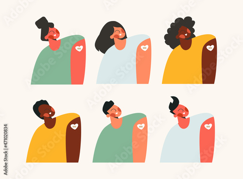 Diverse people group after vaccine injection. Young adult or teen vaccination. College school immunization campaign. Shoulder of vaccinated character with heart form. Flat vector cartoon illustration