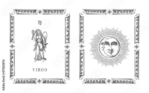 Virgo zodiac symbol in frame, drawn horoscope card
