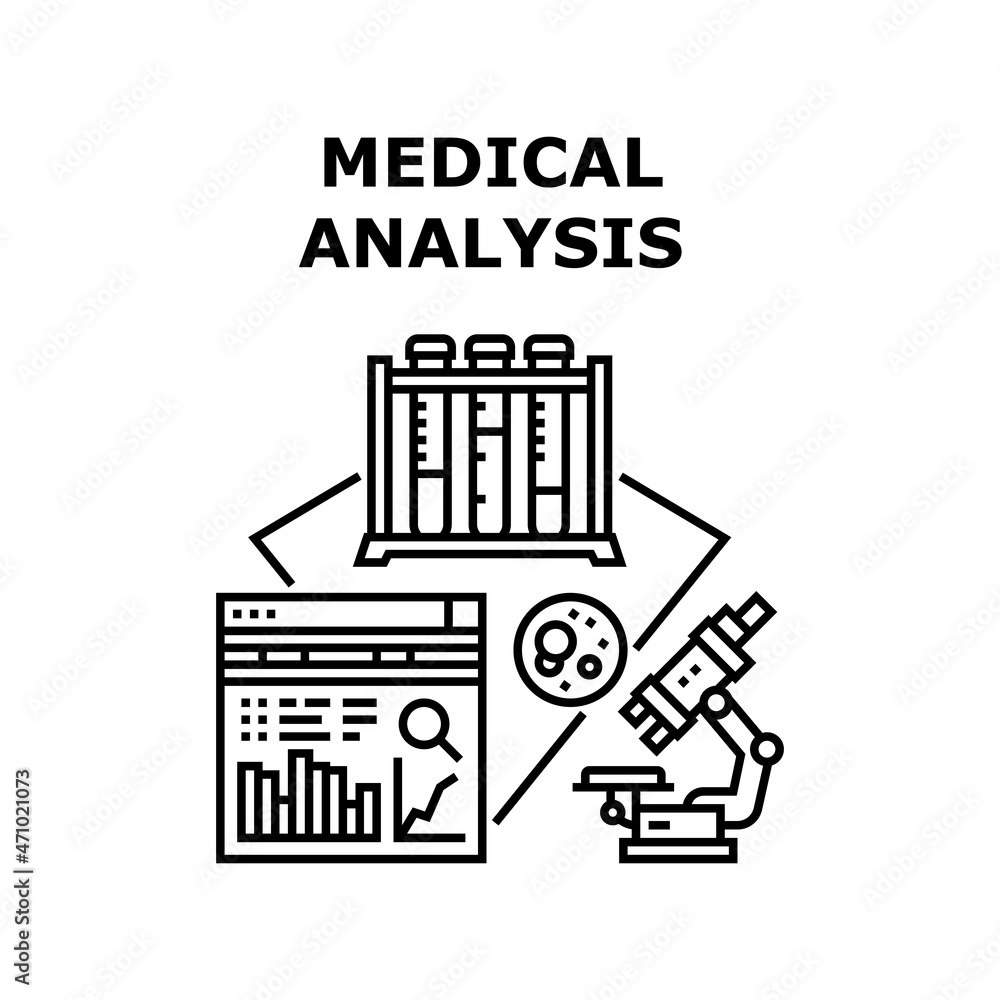 Medical Analysis Vector Icon Concept. Medical Analysis Researching In Laboratory. Microscope Lab Equipment For Analyzing Patient Blood, Digital Researchment. Glass Flasks Containers Black Illustration