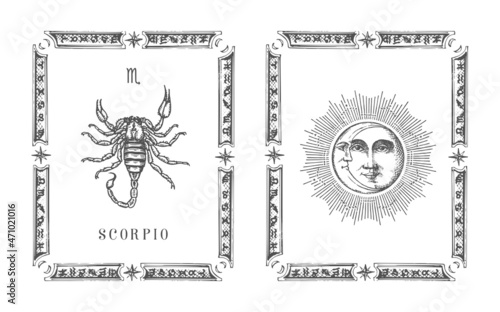 Scorpio zodiac symbol in frame, horoscope card.