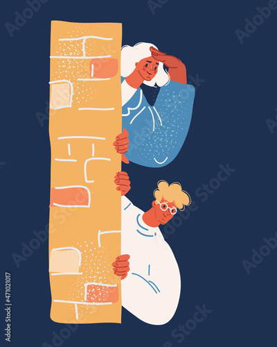 Vector illustration of Man and woman hides behind the wall