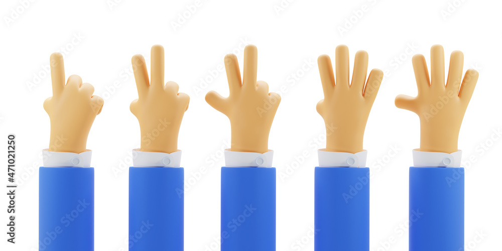 Obraz premium Cartoon character hand counting from one to five isolated on white background, set 3d render illustration. Business arms in blue jacket with raised fingers. Finger counter, gestures concept