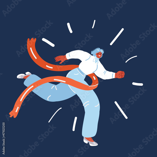 Vector illustration of woman winning a race breaking through the finish line and ribbon