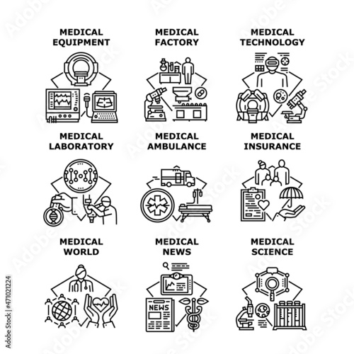 Medical Technology Set Icons Vector Illustrations. Laboratory Medical Technology And Science, World News And Insurance, Medicine Equipment Factory And Ambulance Black Illustration