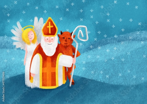 Greeting card: Saint Nicholas with Angel and Devil in Snowy Landscape. European Tradition.