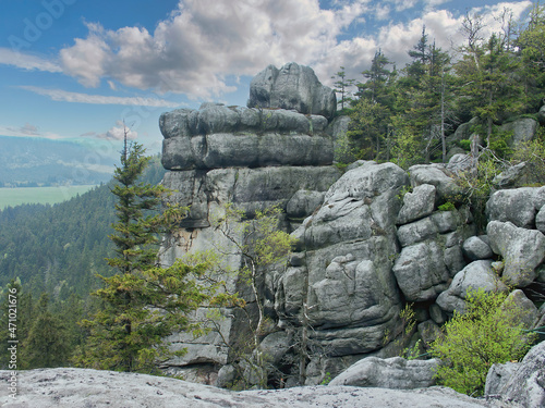 Szczeliniec, Stolowe Mountains Poland,  Geological rock forms, Sunny and cloudy day, Travel between rock forms