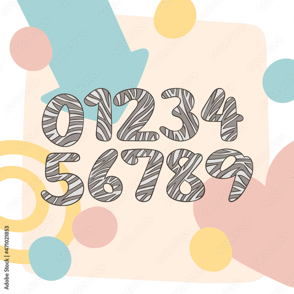 Numbers. Animal pattern - zebra. Striped print. Isolated vector objects. 