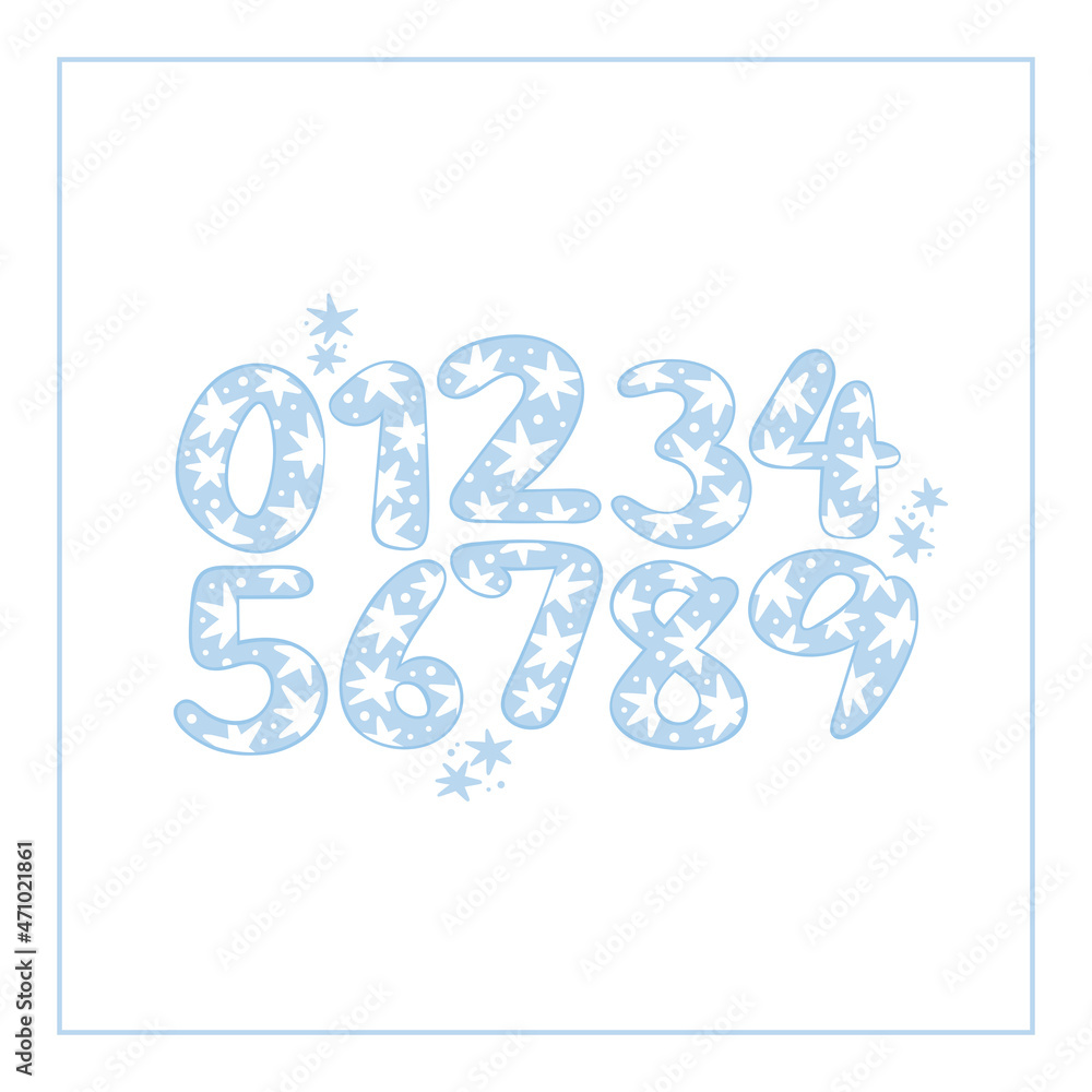 Numbers. Star print. Isolated vector objects. Blue. Numbers. Star print. Isolated vector objects. Blue.