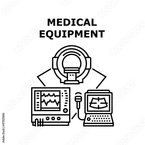 Medicine Equipment Vector Icon Concept. Mri, Ultrasound And Heartbeat Measuring Medicine Equipment. Patient Health Examining Hospital Electronic Device And Computer Black Illustration