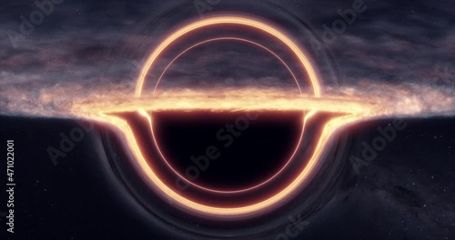Black hole with lensing effect and accretion disk. Stars and galaxy background. Cinematic space rendering for science, technology and science fiction visualizations. High resolution 4k.	
