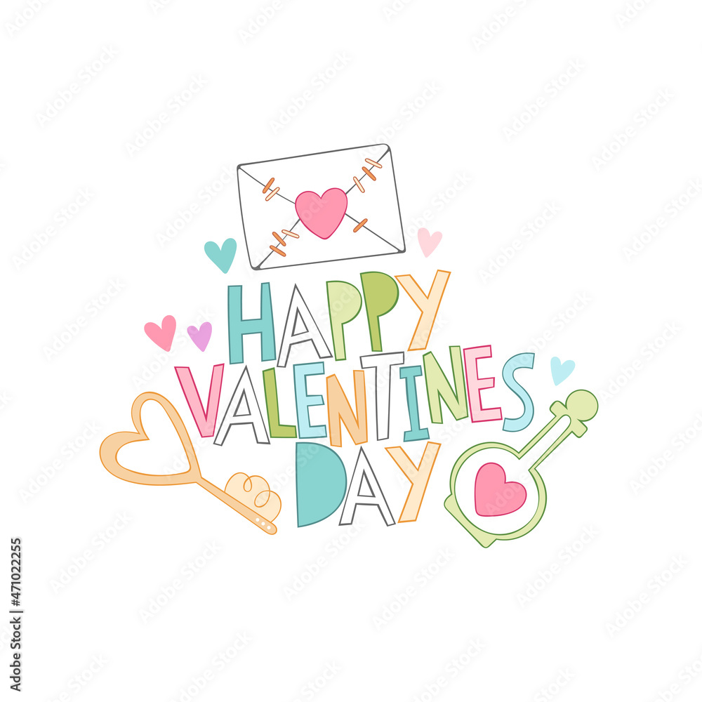 Happy Valentine's Day. Lettering art. Love message, golden key, love drink. Isolated vector object on white background. Valentine's day art. 