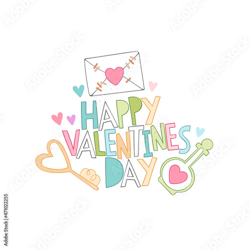 Happy Valentine's Day. Lettering art. Love message, golden key, love drink. Isolated vector object on white background. Valentine's day art. 