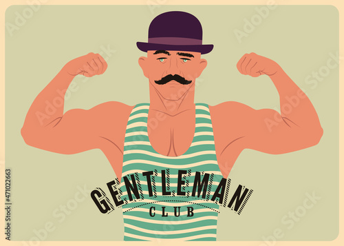 Gentleman Gym Club typographic vintage poster design with strong man. Retro vector illustration.