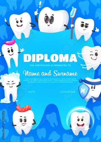 Diploma of dental care, cartoon tooth with brush, paste and mouth rinse. Vector kids certificate with funny clean happy teeth with toothpaste and protective shield. Hygiene characters oral care border