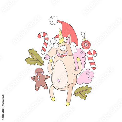 Christmas print. Unicorn  gingerbread man  fir twigs  lollipop  Christmas ball. Isolated vector objects on a white background. 