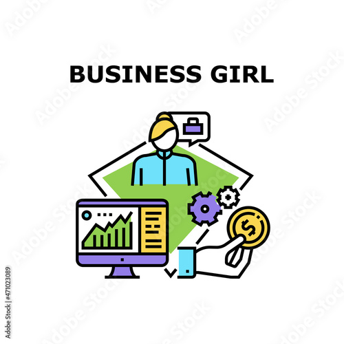 Business Girl Vector Icon Concept. Business Girl Professional Occupation And Goal Achievement. Researching Financial Infographic And Trade Market Chart On Computer Color Illustration
