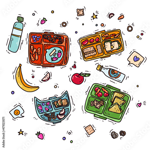 Set of school lunch boxes. Children's trays with sandwiches, fruits and other food items. Cute healthy food. vector illustration