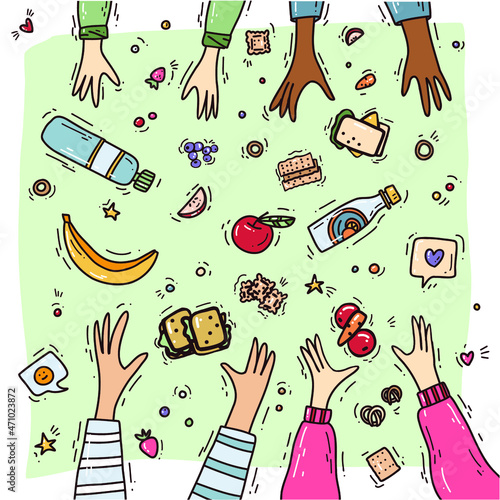 Children hands with fresh healthy lunch. picnic for kids, school lunchbox . vector illustration.