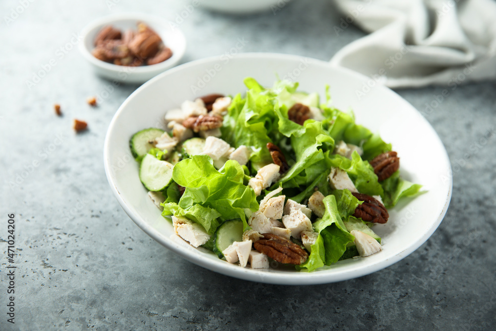 Green salad with chicken, pecan and sun dried tomatoes Green salad with chicken, pecan and sun dried tomatoes