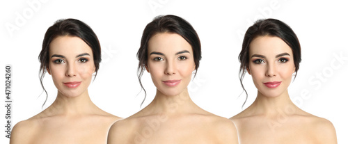 Beautiful young woman before and after permanent makeup on white background, collage. Banner design