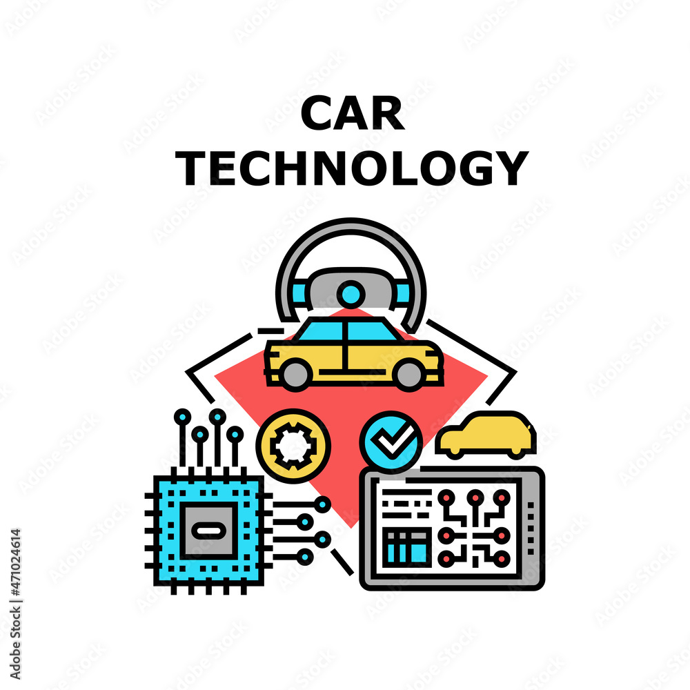 Car Technology Vector Icon Concept. Digital Computer Chip And Audio Music System Car Technology, Modern Automobile Electronic Equipment For Comfortable Journey And Driving Color Illustration