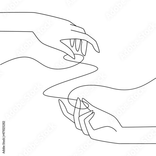 Hands holding wavy thread yarn linear illustration