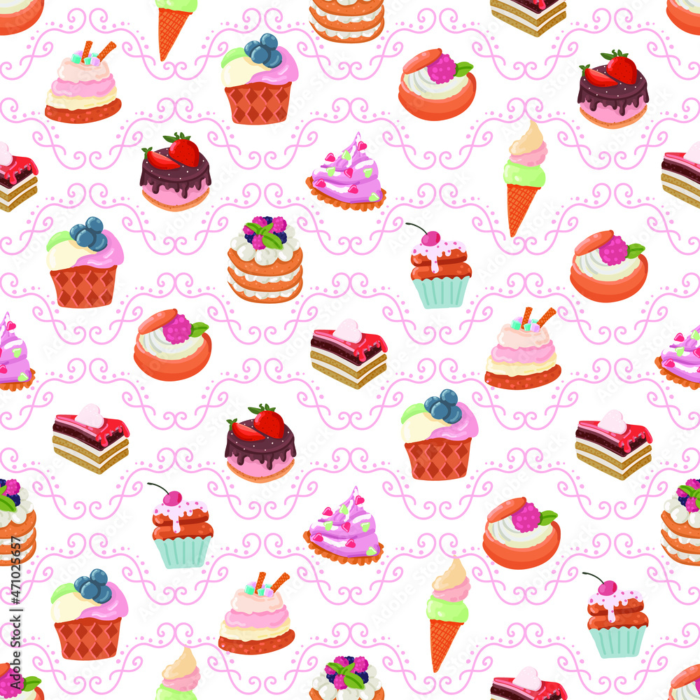 seamless patterns vector cakes and candies. Bright pattern of sweets for packaging paper and fabrics. Vector ornament for decoration of the holidays. seamless patterns vector cakes and candies. Bright pattern of sweets for packaging paper and fabrics. Vector ornament for decoration of the holidays.