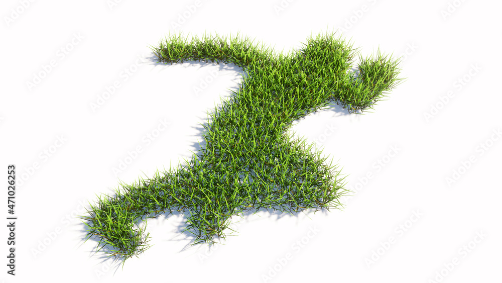 Concept or conceptual green summer lawn grass symbol shape isolated on white background, sign of a runner. A 3d illustration metaphor for athlete, sprinter, marathon, competition, exercise and health Concept or conceptual green summer lawn grass symbol shape isolated on white background, sign of a runner. A 3d illustration metaphor for athlete, sprinter, marathon, competition, exercise and health